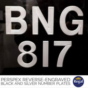 reverse engraved black and silver number plates